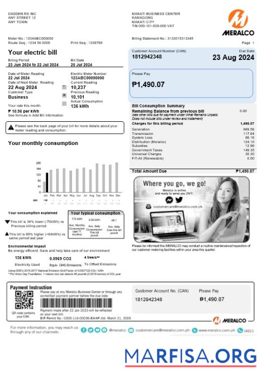 Downloadable Philippines Meralco business utility bill Word and PDF template